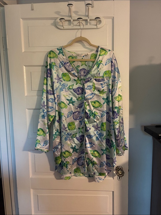 Victoria's Secret Other - Vintage VS Fish Print Pajama Gown - White with Green & Purple